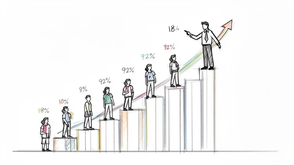 People climb a growth chart with increasing percentages, led by a man pointing to an upward trend.