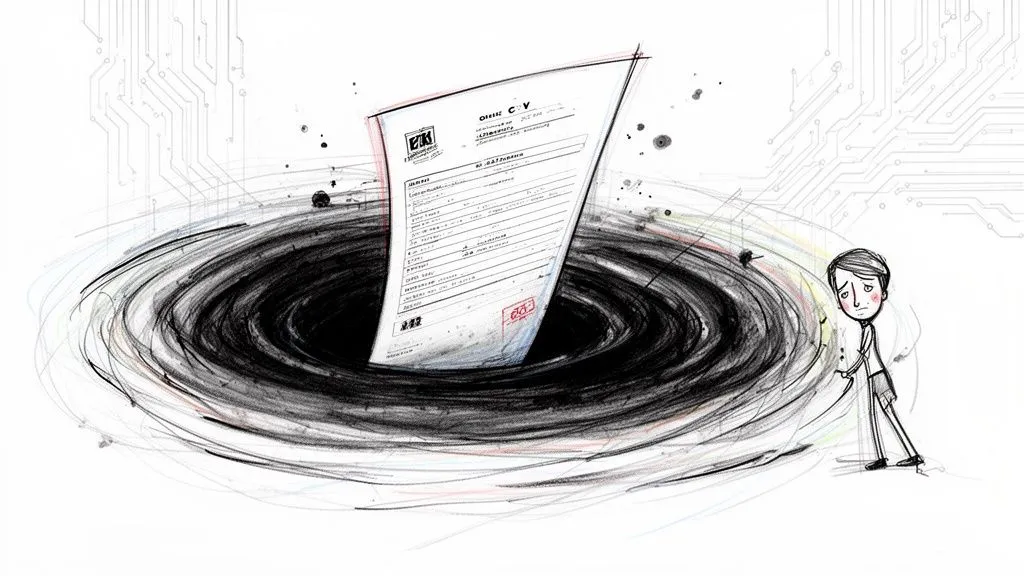 A depressed person stands next to a black hole as their job application CV gets sucked in.
