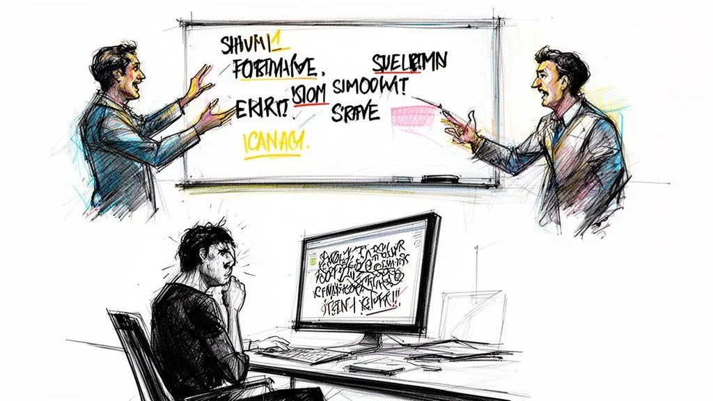 A sketched illustration of two professionals presenting text on a whiteboard while a worker looks at a computer.