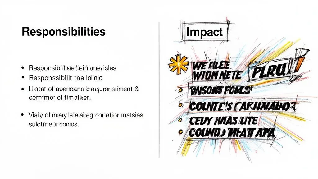 A slide comparing job responsibilities on the left with performance impact metrics on the right side.