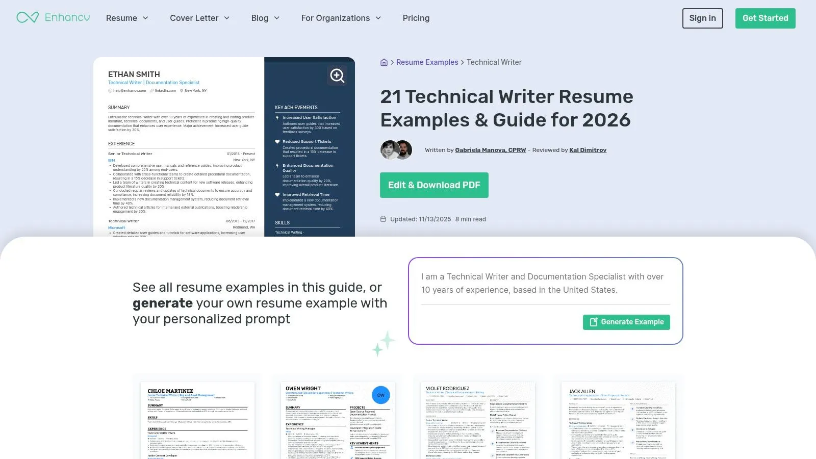 Enhancv's technical writer resume example and builder interface
