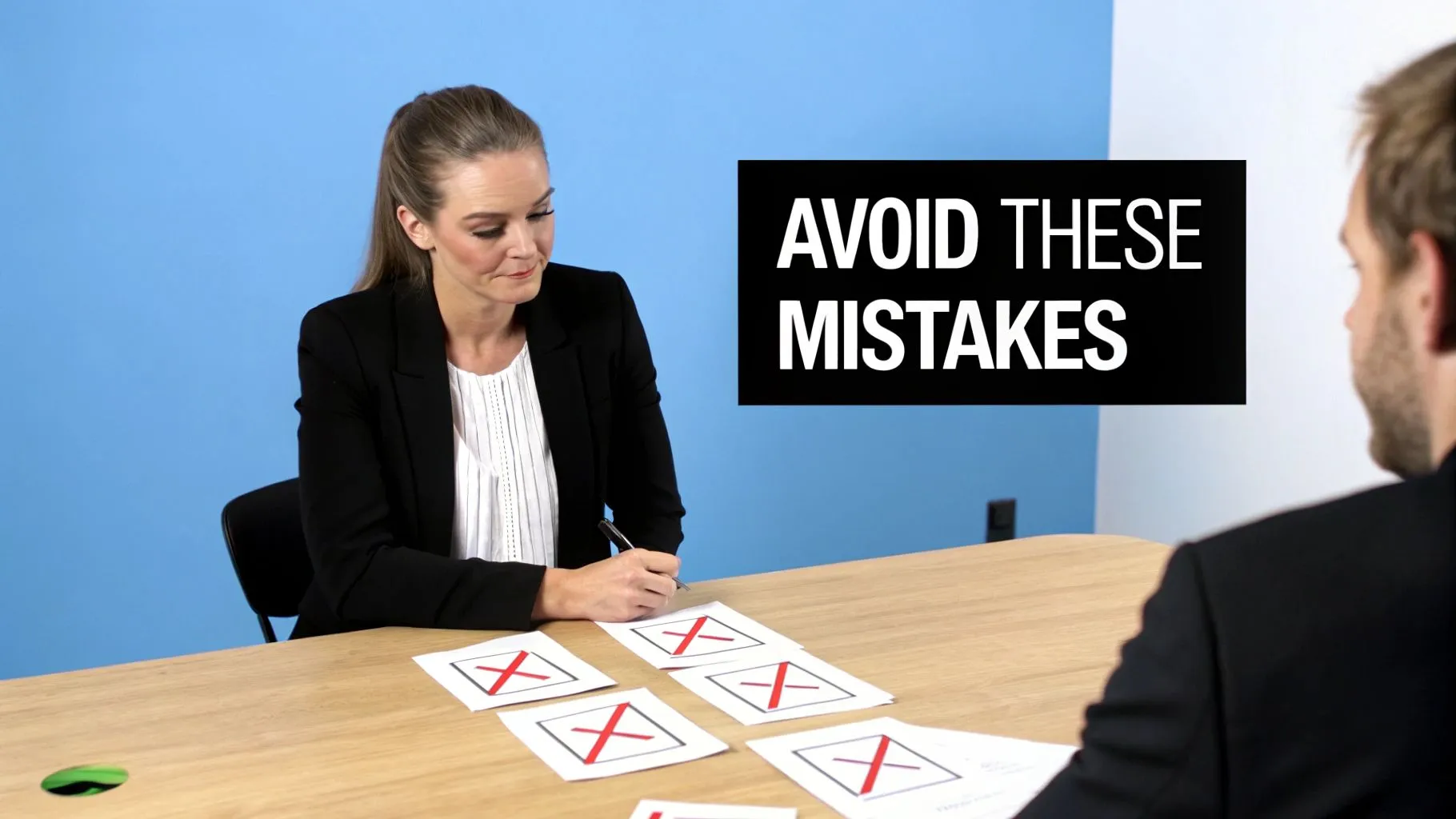 Woman marking papers with red 'X's on a desk with 'AVOID THESE MISTAKES' on screen.
