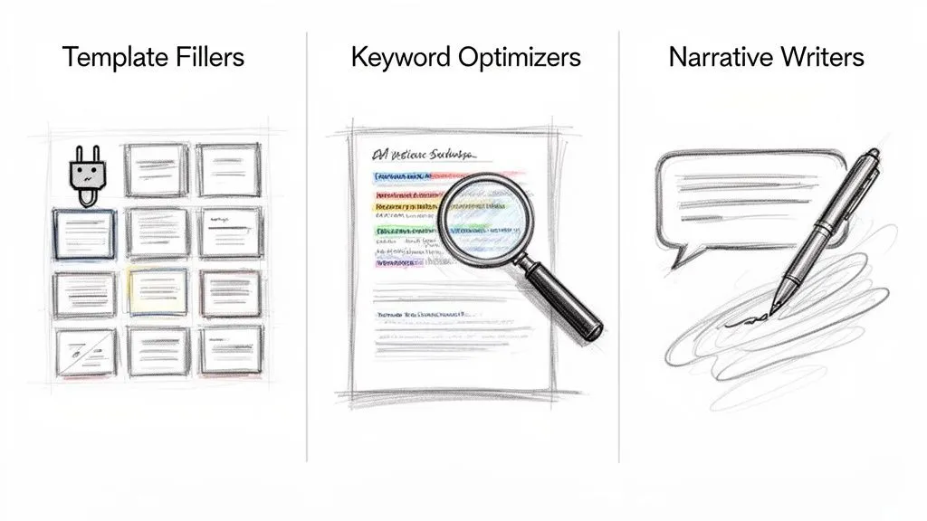 Sketches depicting AI tools for content creation, including template filling, keyword optimization, and narrative writing.