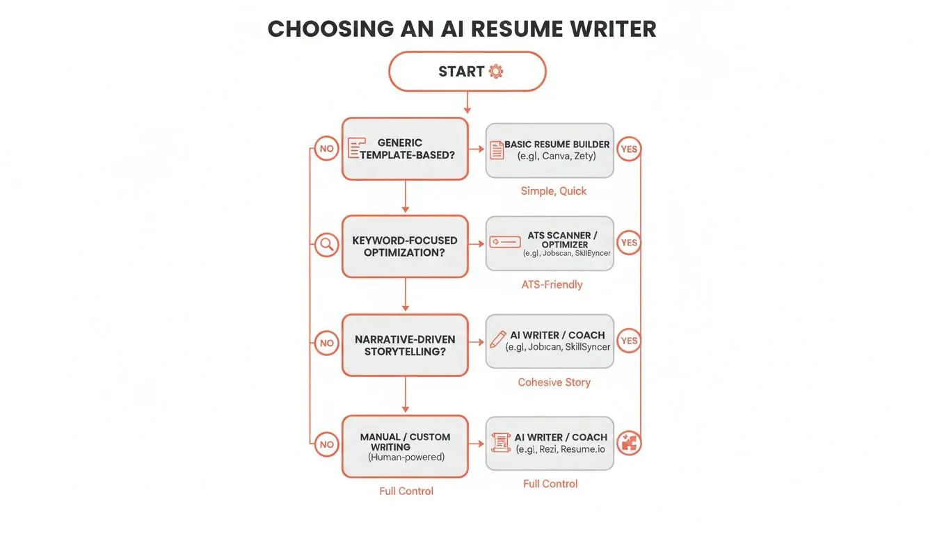 Flowchart guiding the choice of an AI resume writer based on template, keywords, storytelling, and custom writing needs.