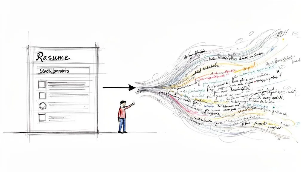 Conceptual drawing showing a person taking resume short points and expanding them into rich, colorful narrative text.