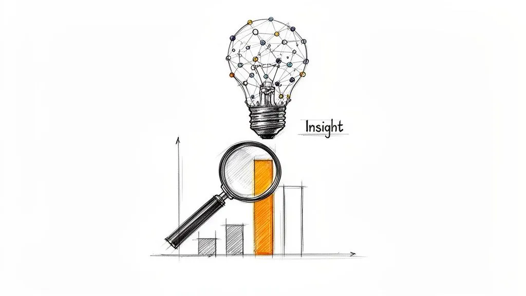 A sketch of a lightbulb with a network of dots and a magnifying glass over a bar chart, symbolizing data insight.