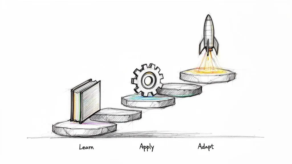 A sketch illustrating a three-step process: Learn (book), Apply (gear), and Adapt (rocket launching).