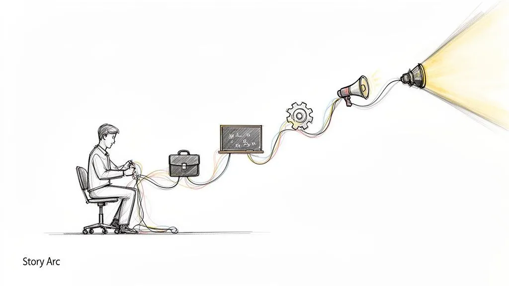 A person works with wires connecting a briefcase, laptop, gear, and megaphones broadcasting ideas.