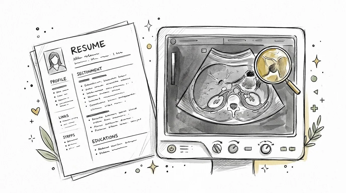 A hand-drawn illustration showing a resume document next to an ultrasound monitor with a magnifying glass.