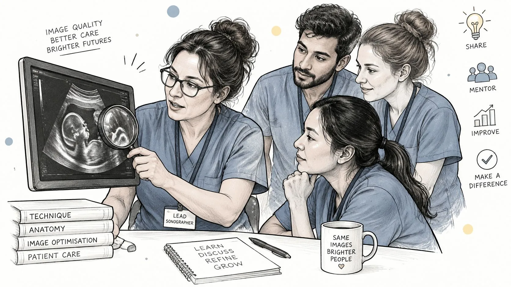 A lead sonographer mentoring medical students as they analyze an ultrasound image during a training session.