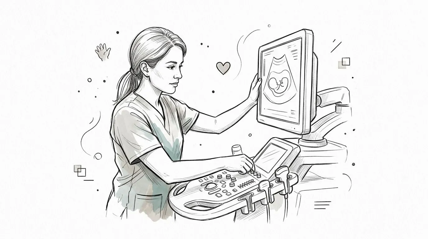 A professional ultrasound technician carefully operating a medical imaging machine to examine an unborn fetus scan.