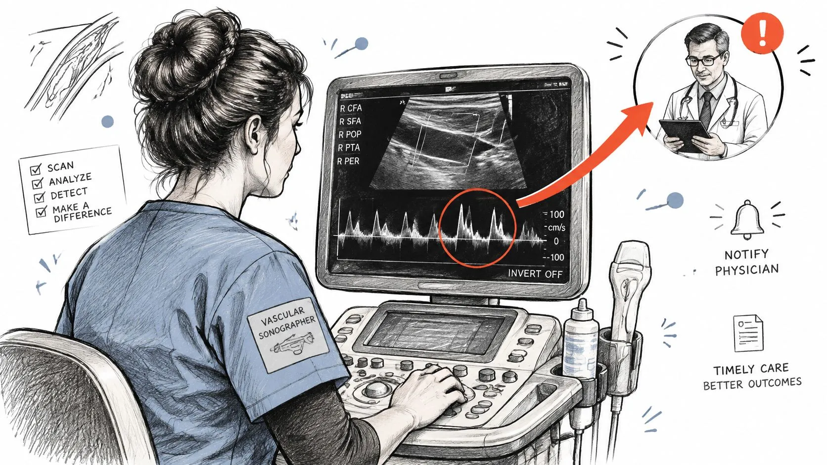 A vascular sonographer using an ultrasound machine to scan a patient and notify a physician of findings.