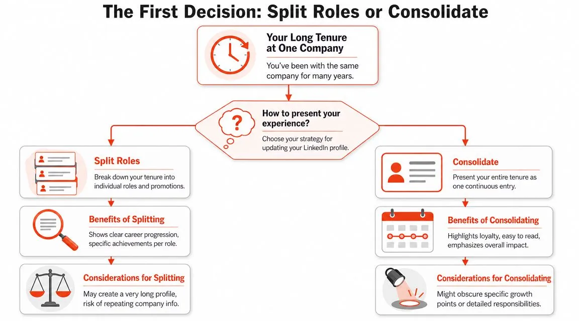 A flowchart explaining whether to split or consolidate roles on a LinkedIn profile after long company tenure.