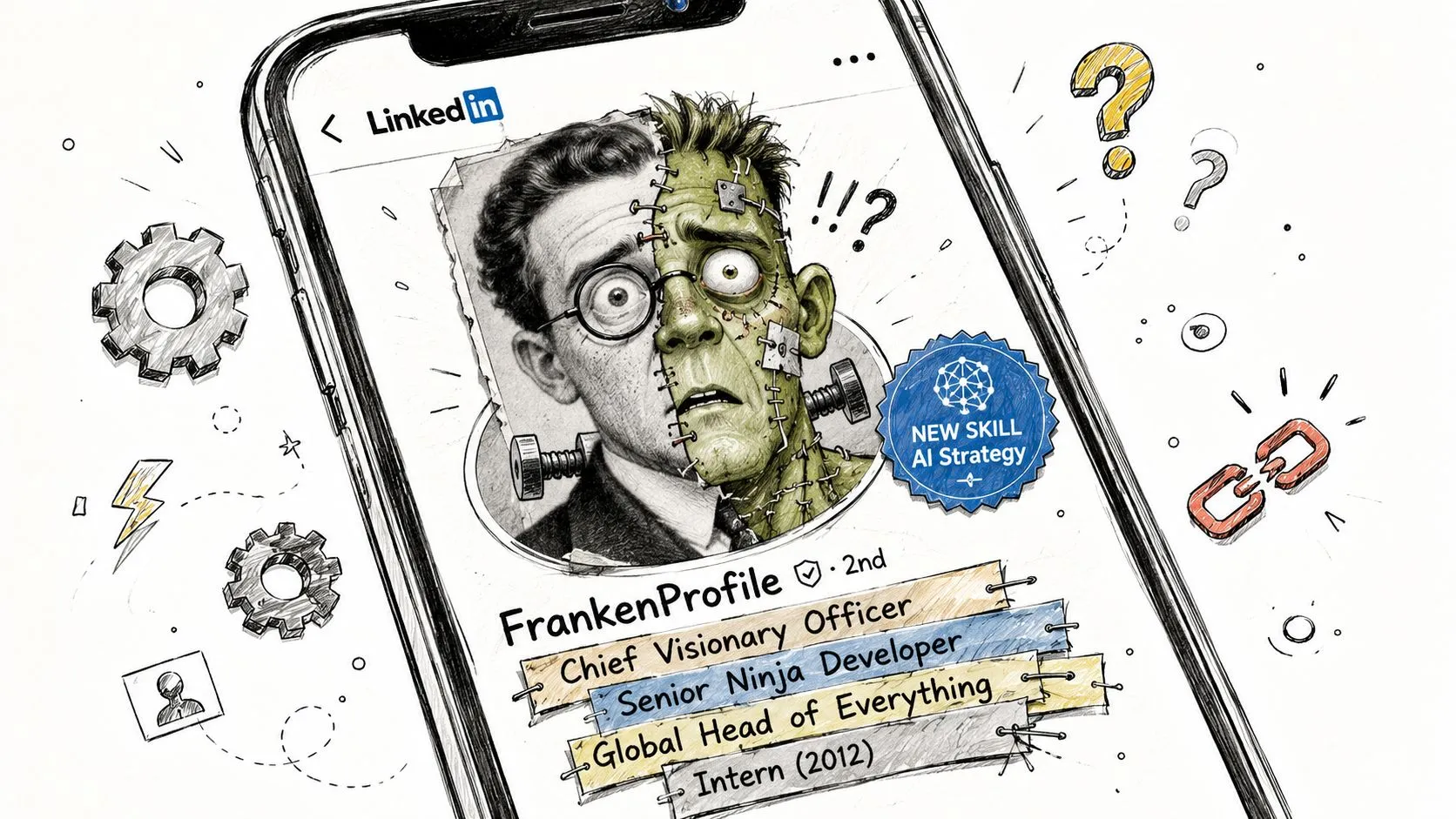 A creative illustration on a smartphone screen showing a professional profile picture resembling Frankenstein's monster.