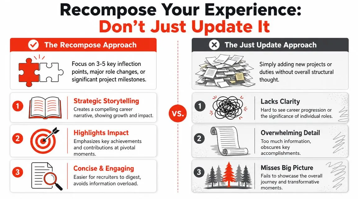 A comparison infographic showing how to recompose a resume effectively versus just adding updates.