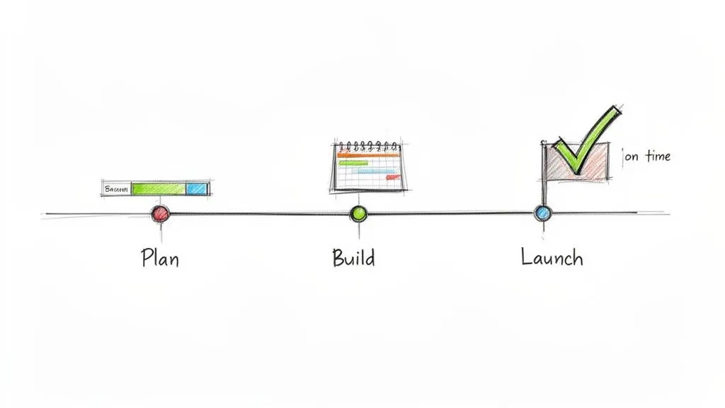 A hand-drawn project timeline illustrating three phases: Plan, Build, and a successful, on-time Launch.