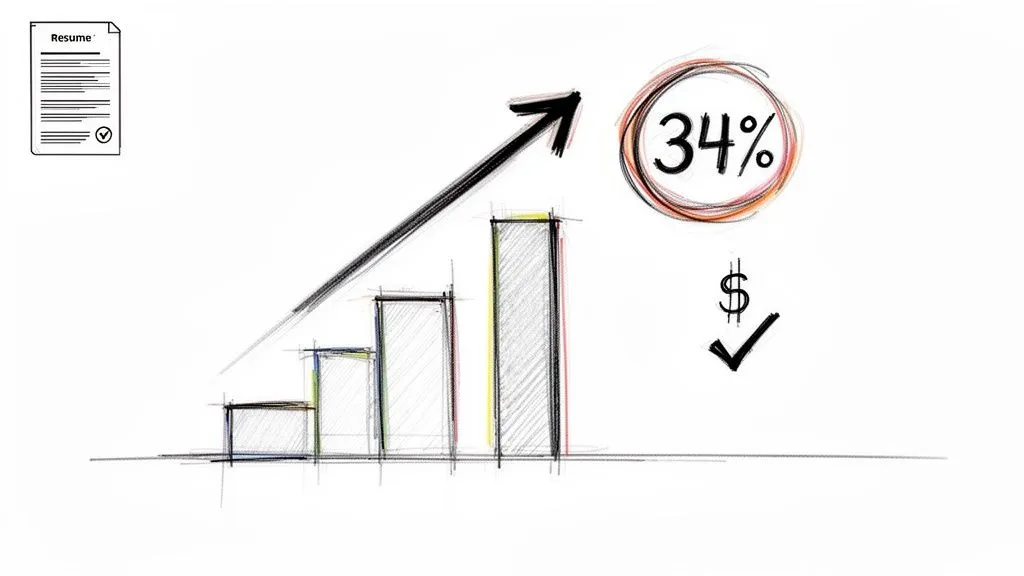 A resume, a rising bar chart, and an arrow indicating 34% growth and financial success.