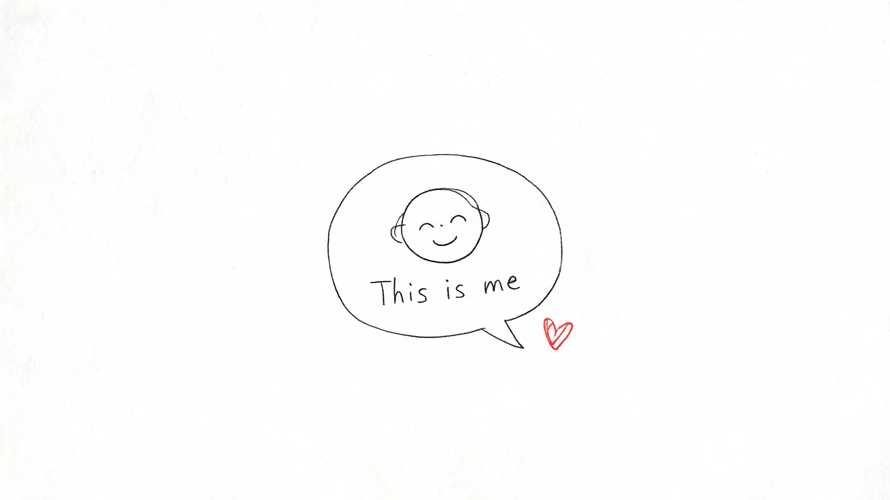 A simple hand-drawn illustration of a smiling face inside a speech bubble with the text This is me.