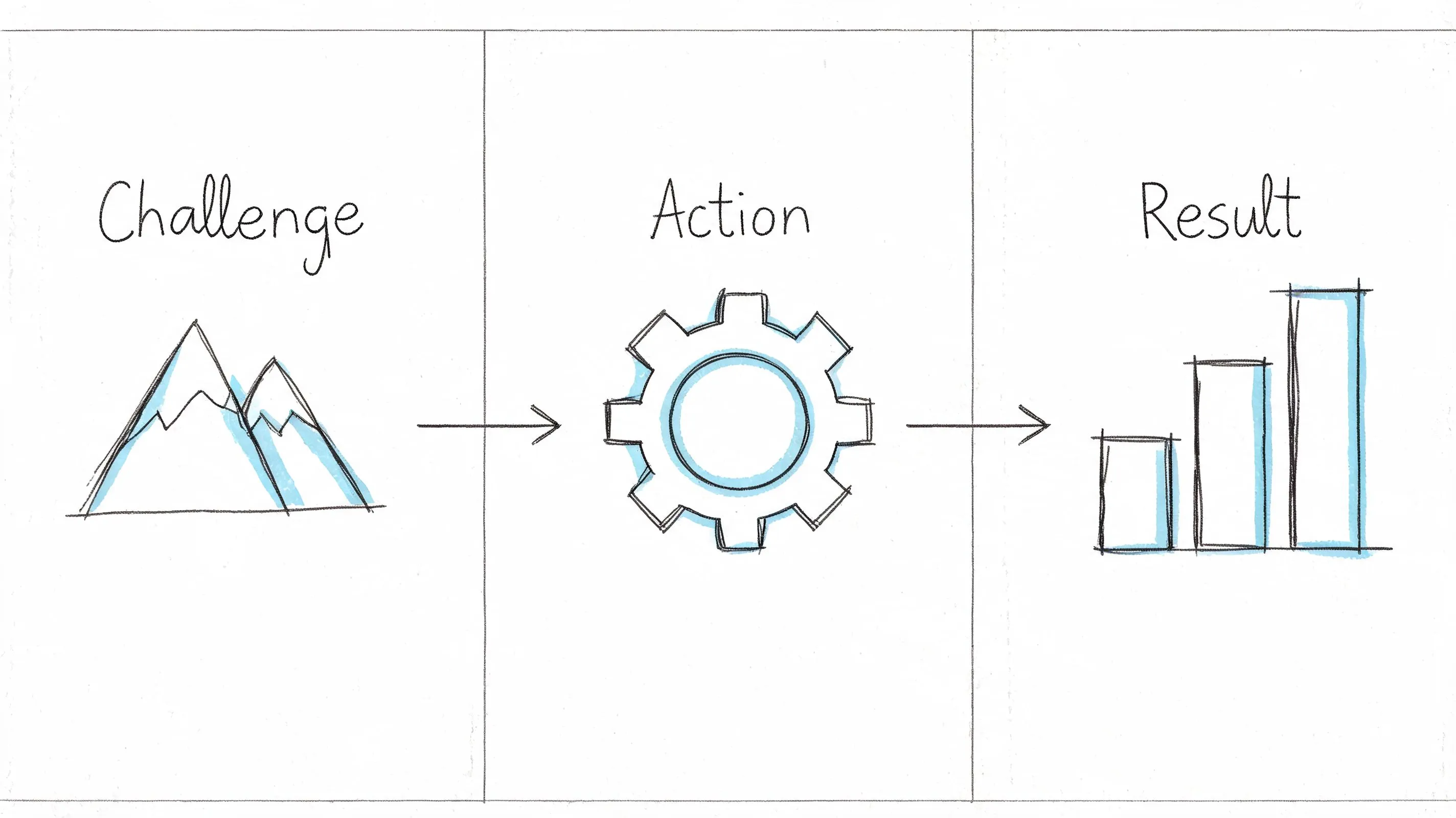 A hand-drawn illustration showing a three-step progression from challenge to action leading to positive results.