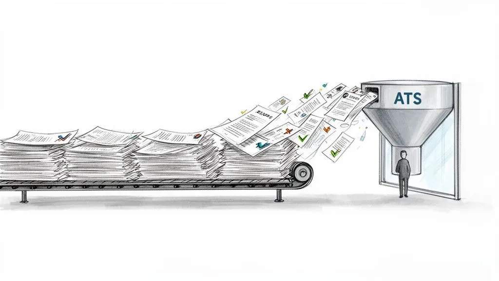 Numerous applications on a conveyor belt feeding into an Applicant Tracking System (ATS) funnel.