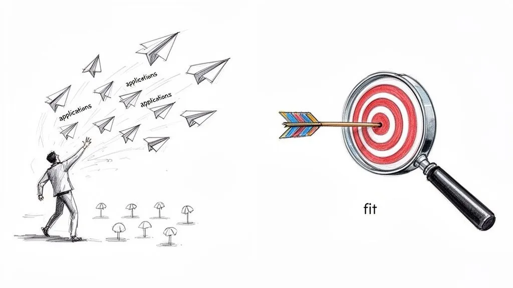 A person sending many job applications, with a magnifying glass showing an arrow hitting a target, representing job fit.