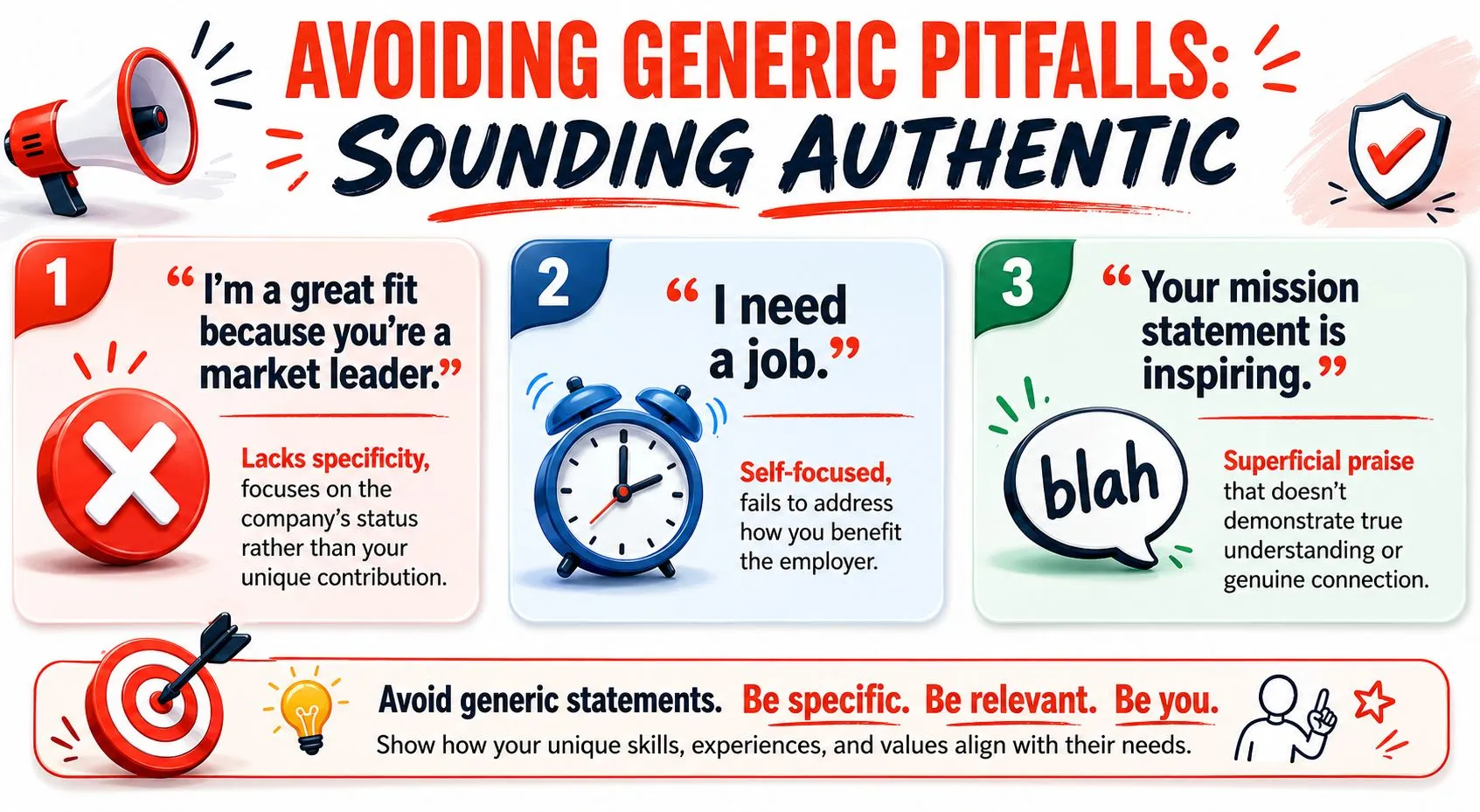 A comparison chart showing how to transform generic job application answers into specific, professional, and engaging statements.