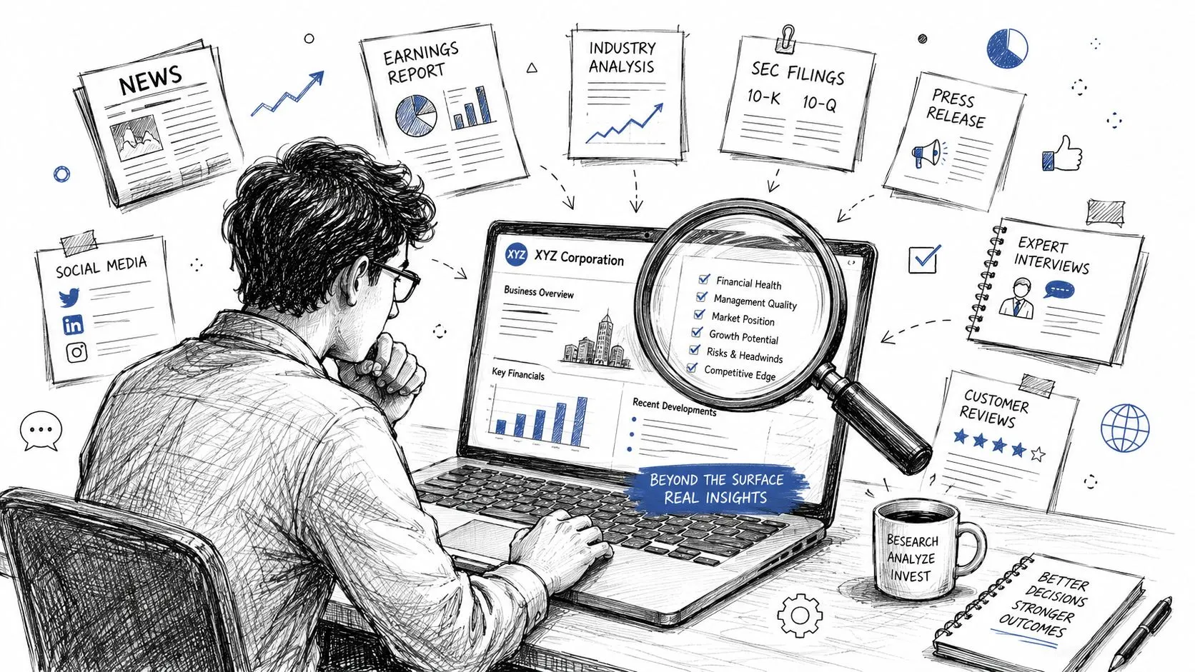 A person conducting thorough investment research on a laptop while analyzing various corporate business information sources.