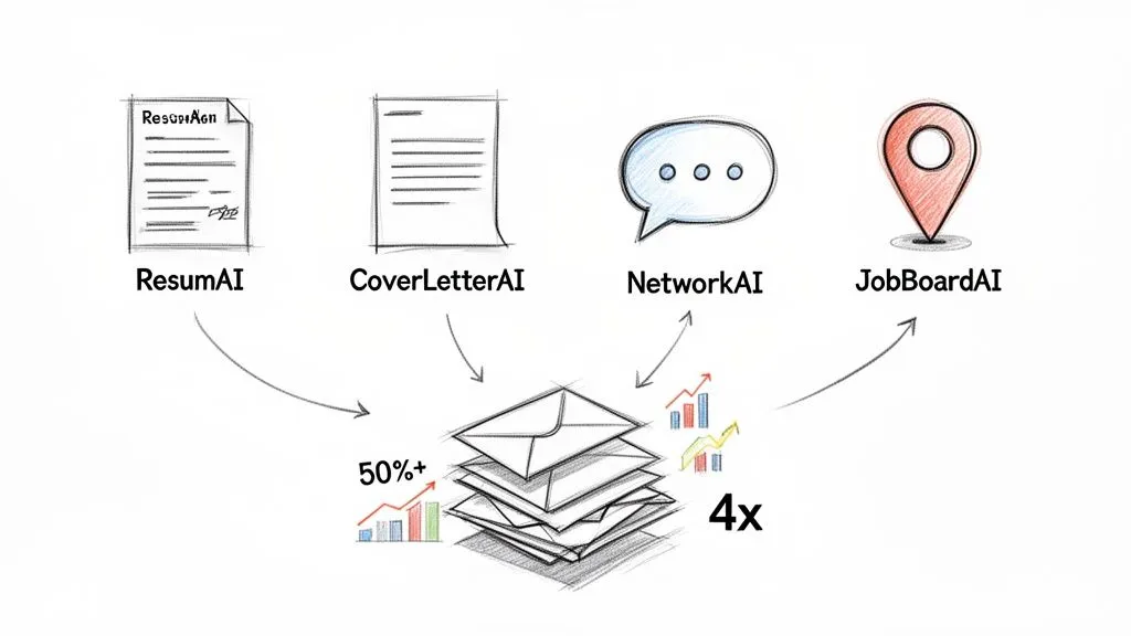 Diagram of Wonsulting AI tools including ResumAI, CoverLetterAI, NetworkAI boosting job application volume