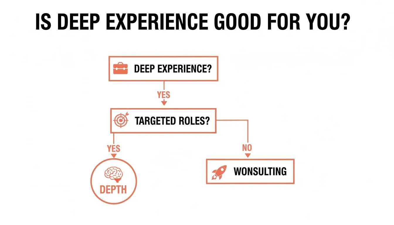 Decision flowchart comparing depth-focused vs volume-focused resume approaches for Wonsulting AI