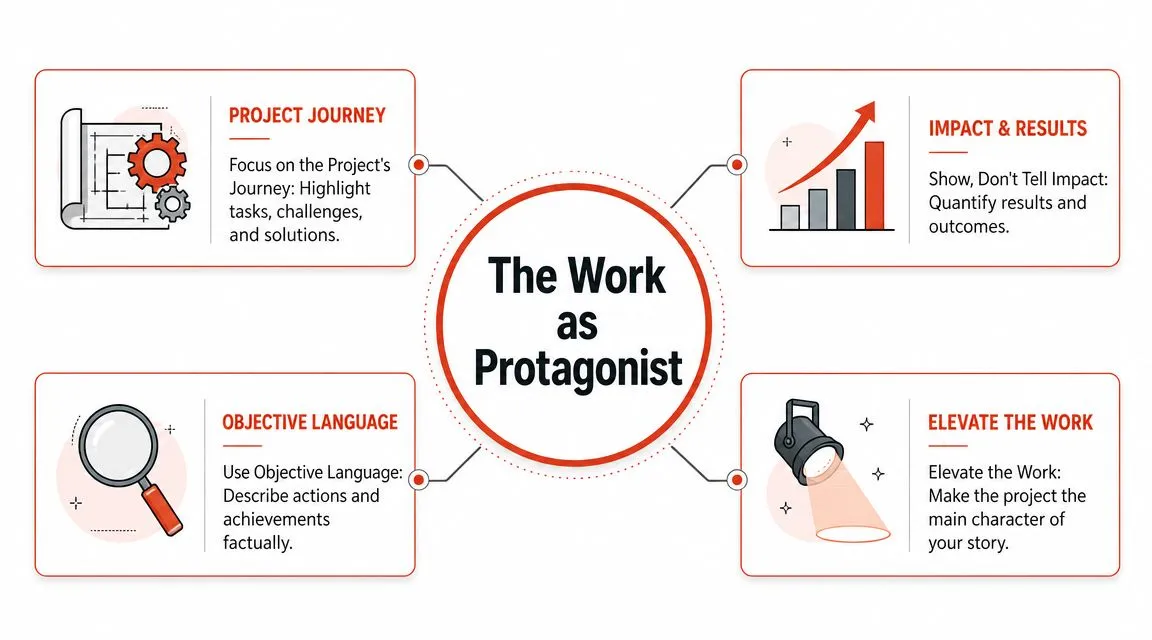 A diagram illustrating the concept of making your work the protagonist in a professional story or resume.