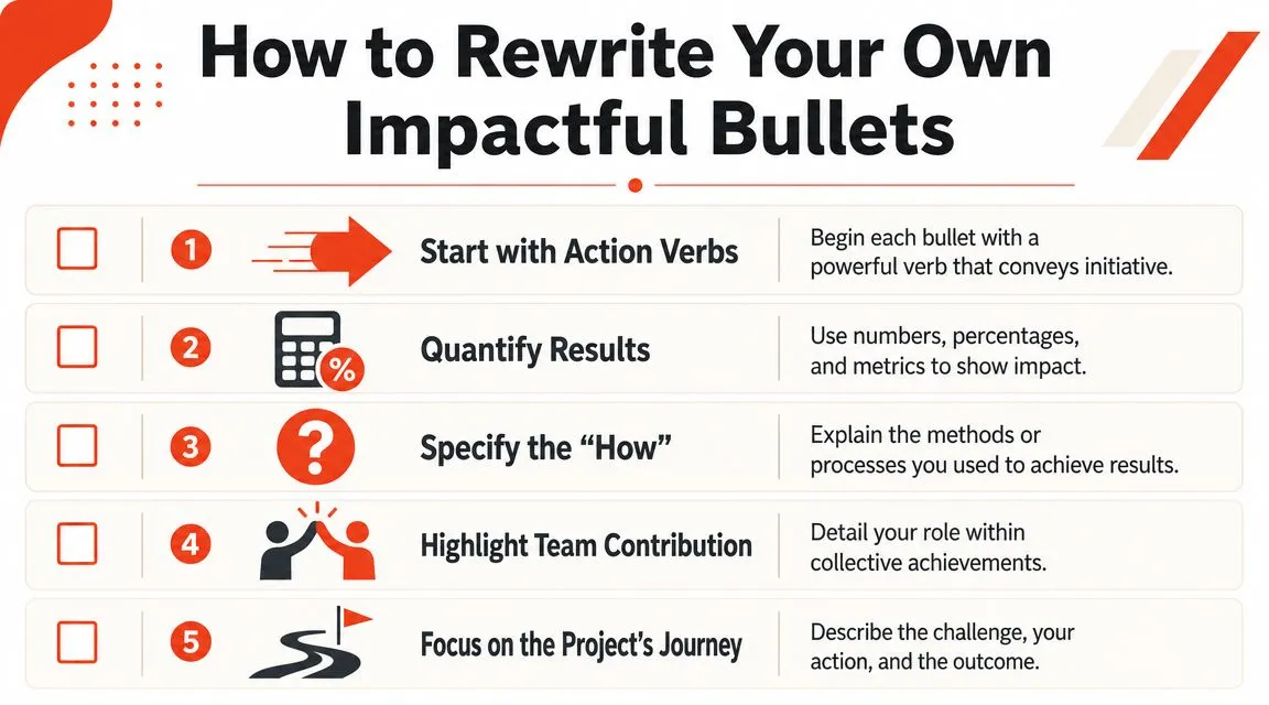 A comparison chart showing weak versus strong resume bullet points with quantitative results for job seekers.
