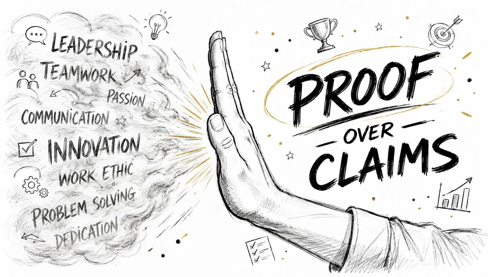 A hand gesture blocking a cloud of buzzwords to emphasize the importance of proof over claims.