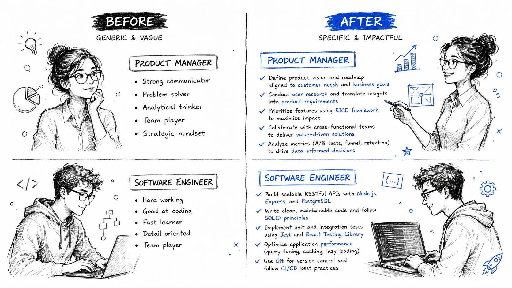 A side-by-side comparison illustrating how to transform generic resume skills into specific and impactful professional bullet points.