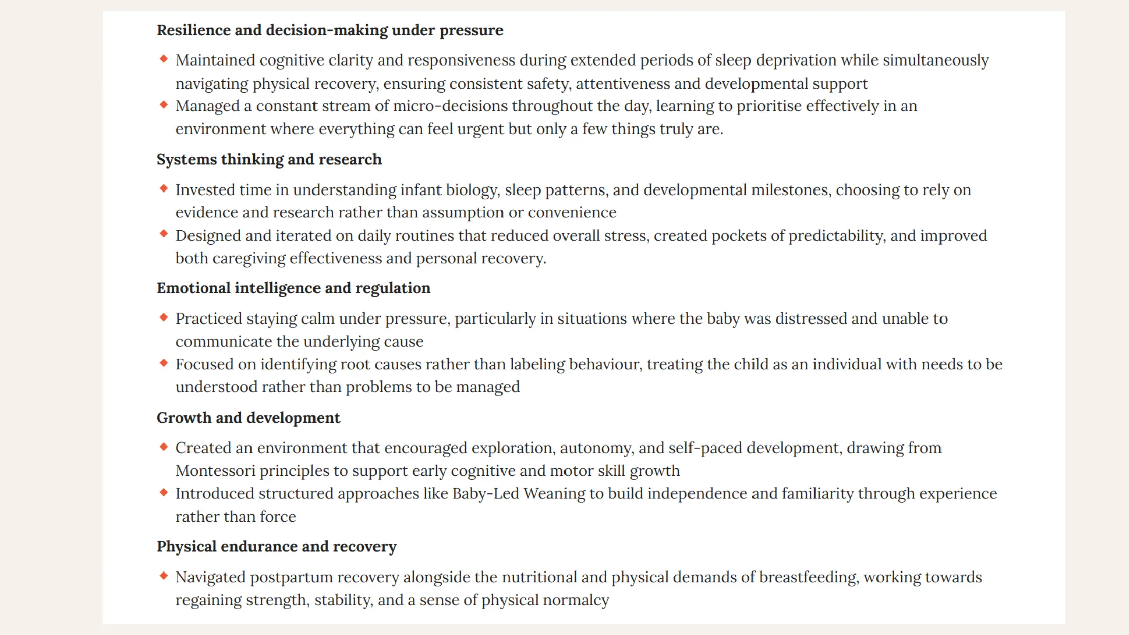 Maternity leave on resume example showing transferable skills from motherhood